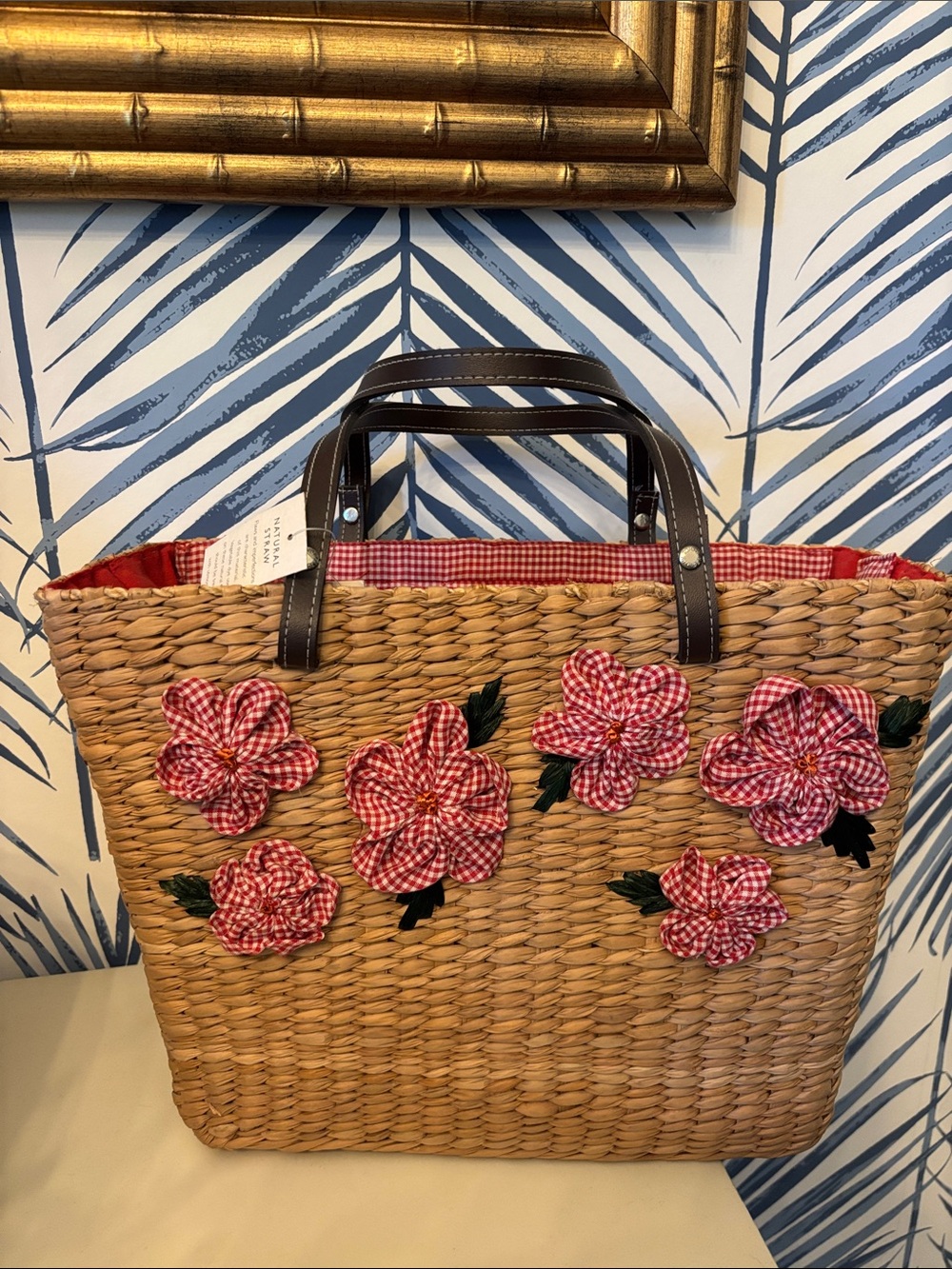 Tommy Hilfiger Straw Tote with Red Gingham Floral Appliqués
